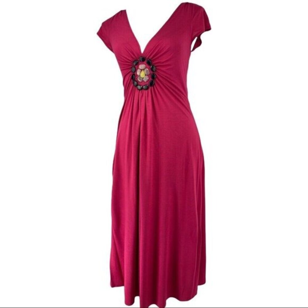 Prairie‎ New York Rose Pink Modal Midi Dress V-Neck Stone Medallion NWT Size M